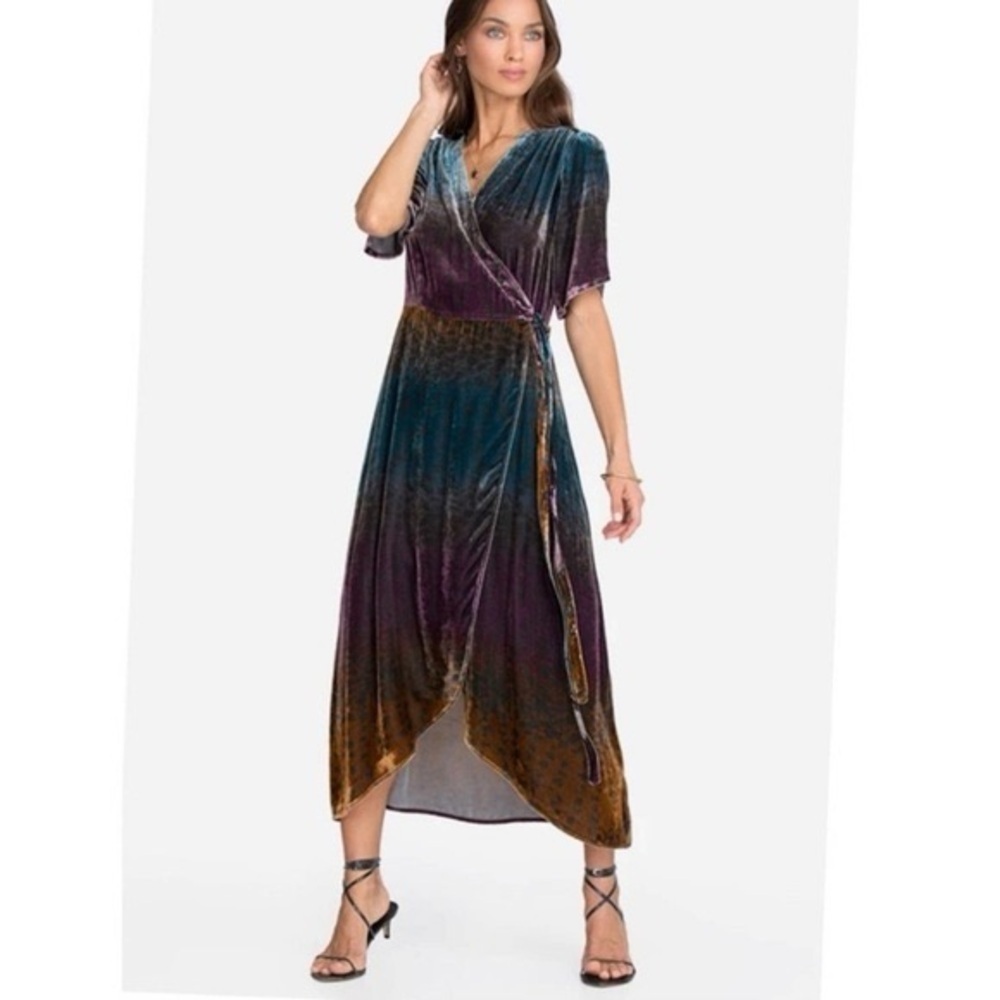 Johnny Was Ombré Cheetah Velvet Asymmetrical Wrap Blue and Brown Dress Large